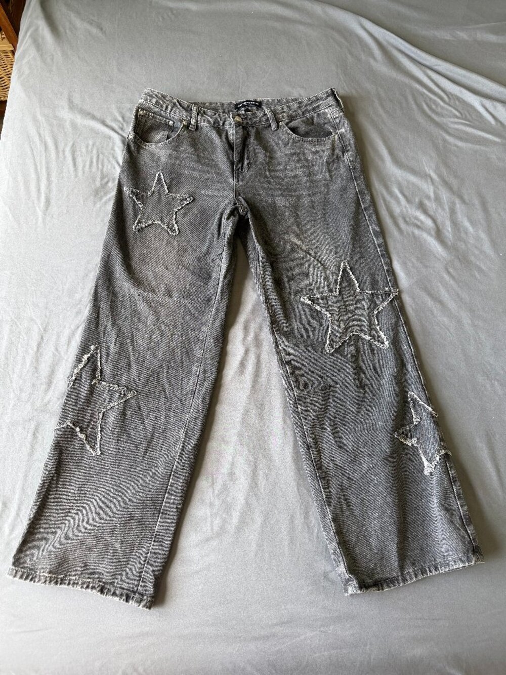 Ashley Mason Gray Star Patch Wide Leg Jeans Y2K 11/30